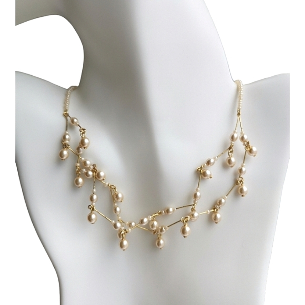 Vintage Czech Abstract Cream Pearl Necklace in Gold Tone
